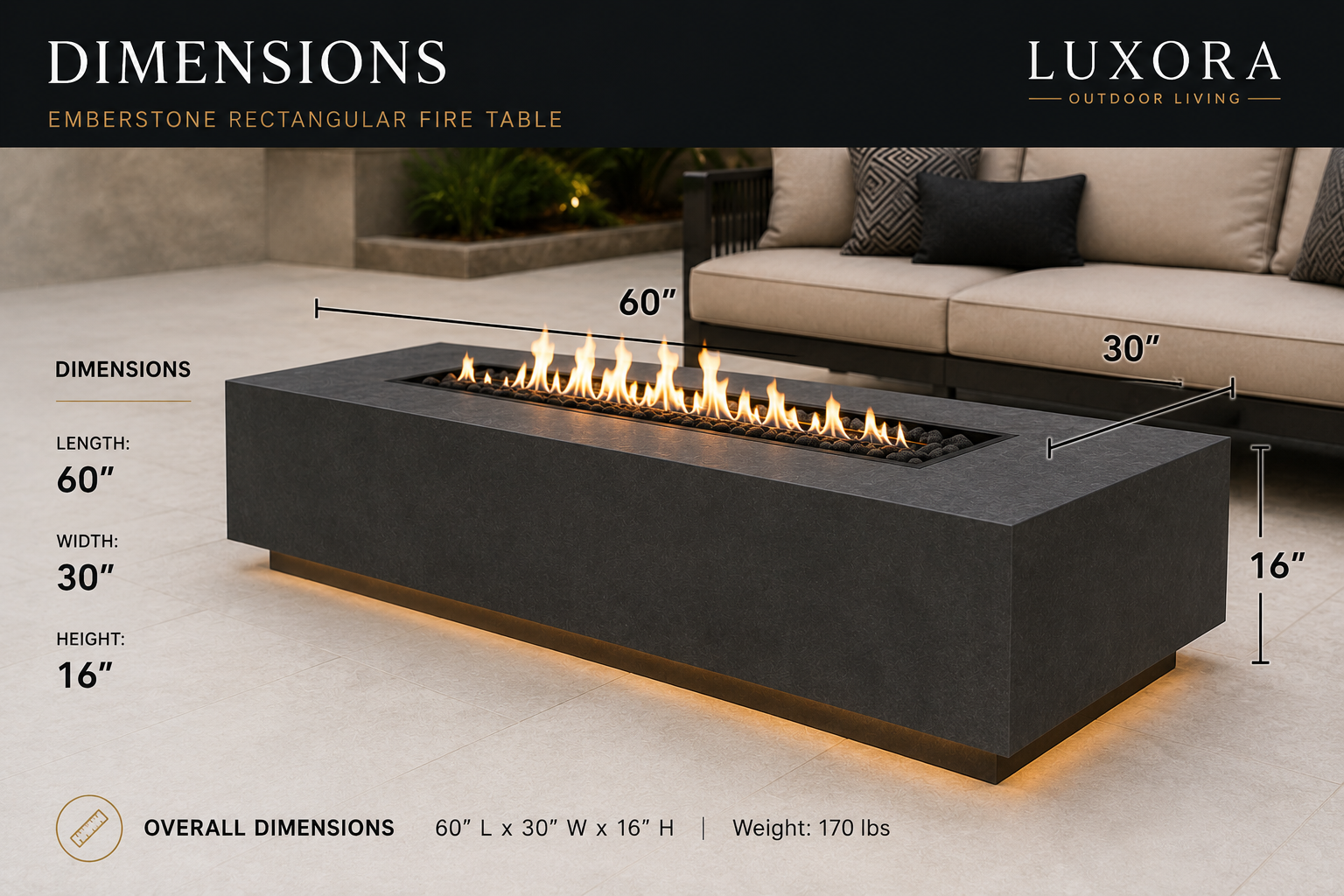 Luxora Signature™ EmberStone Rectangular Fire Table  Brand: Luxora Signature™