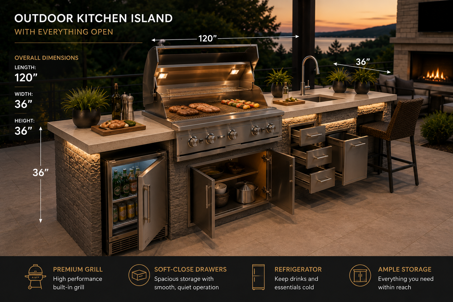 Luxury Outdoor Kitchen with Built-In Grill & Refrigerator | Luxora Signature™ Estate Series