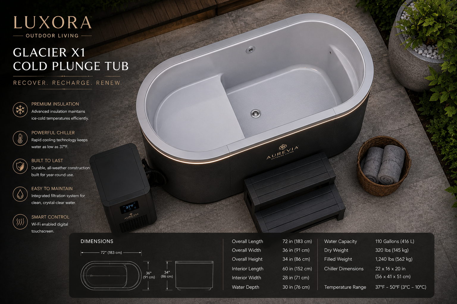 Aurevia™ Glacier X1 Luxury Cold Plunge Tub