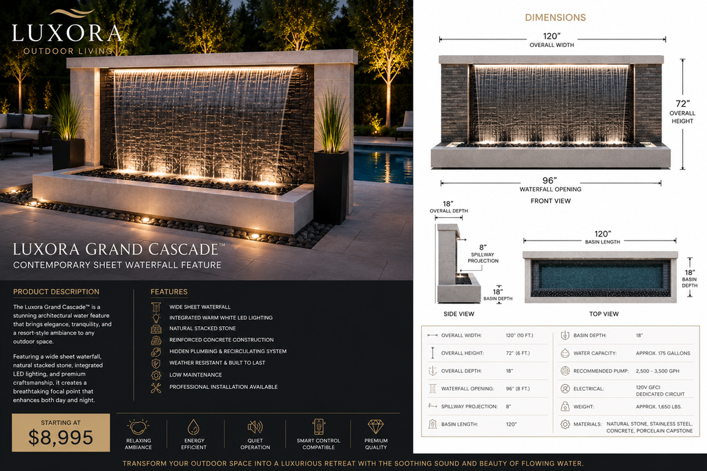 Luxora Grand Cascade™ Contemporary Sheet Waterfall Feature