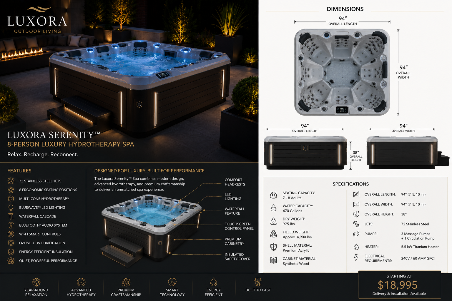 Luxora Serenity™ 8-Person Luxury Hydrotherapy Spa