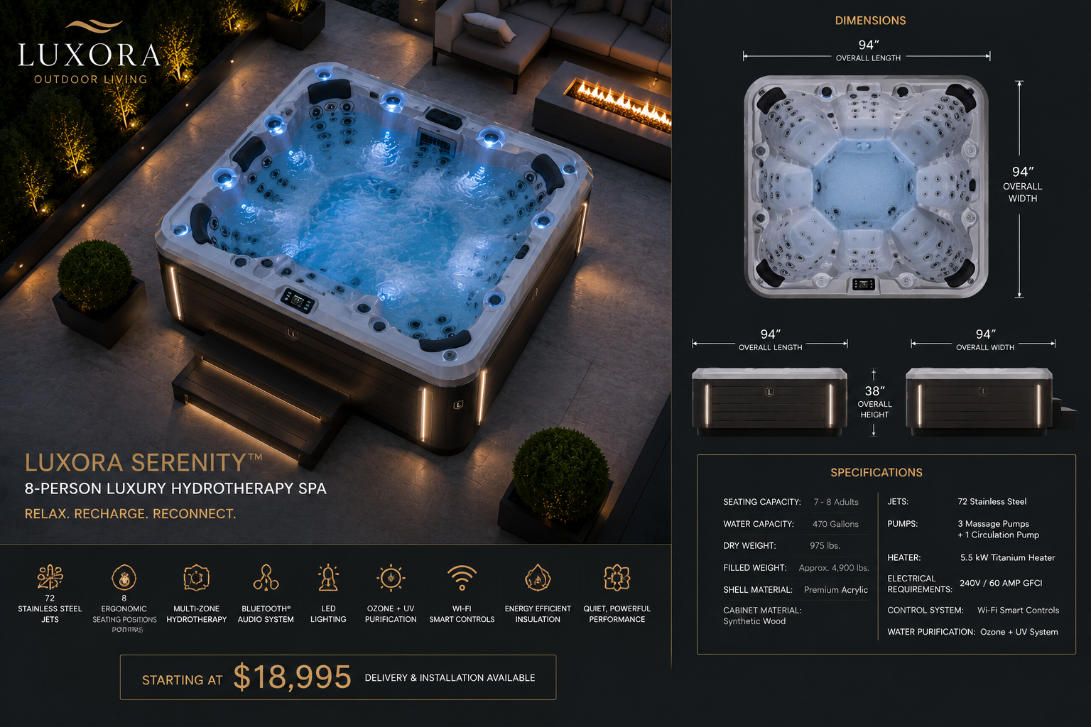 Luxora Serenity™ 8-Person Luxury Hydrotherapy Spa
